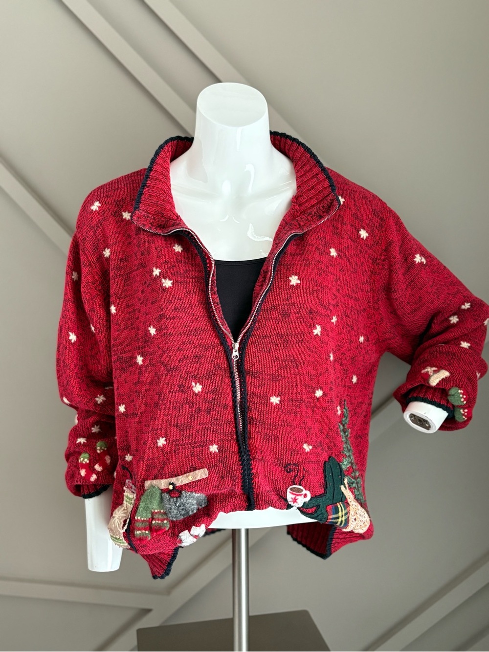 Coldwater Creek Christmas cardigan XL red holiday sweater with embroidery